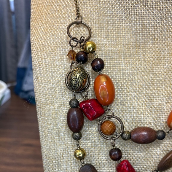 Bohemian Multi-Strand Necklace with Red, Orange and Brown Beads - Picture 3 of 4